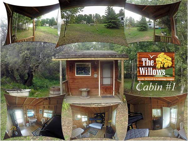 Small wooden cabin with images of bunkbeds inside, fireplace, and plastic table and chair.