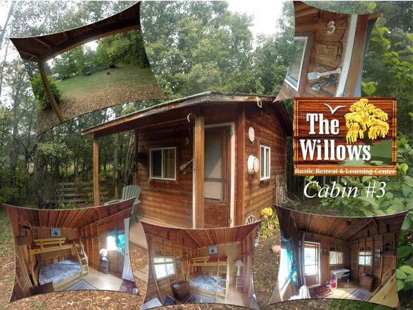 Small wooden cabin with images of bunkbeds inside, fireplace, and plastic table and chair.