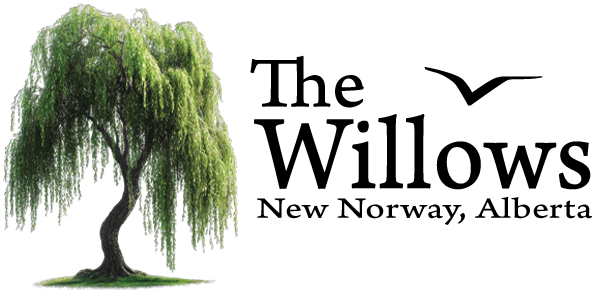 A green willow tree with the words beside it which say The Willows New Norway, Alberta in black